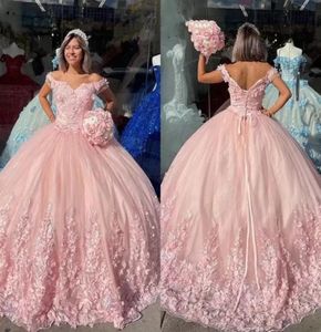 2022 rosa quinceanera klänningar med 3D blommig spets applikation med pärlstav tyll svagt tågband veck söt 15 16 födelsedag boll go4904277