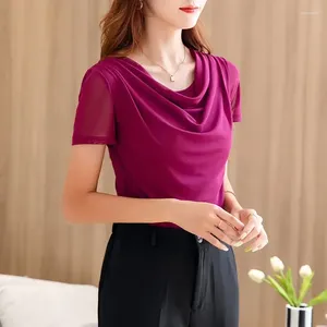 Women's T Shirts Simplicity Patchwork Solid Color Pile Collar Short Sleeve Top Tee Women Clothing Office Lady Pleated Slim Pullover Tops