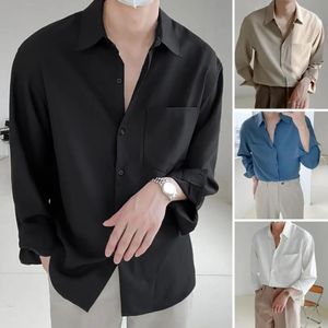 Casual masculino lapela manga longa singlebreasted remendo bolso drapeado camisa masculina fino ajuste cor sólida vestido de negócios camisa superior 240312