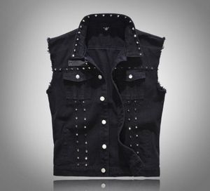 Men039s Gilet Primavera Gilet di jeans Uomo Stile britannico Rivetto Cowboy Senza maniche Giubbotti Moda Slim Fit Nero Jean Gilet 5XL6958627