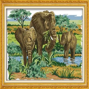 Elephants family foraging Drawing Handmade Cross Stitch Craft Tools Embroidery Needlework sets counted print on canvas DMC 14CT 11307v