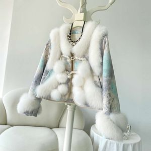 Style Fox Fur Chinese and Grass Coat Young Women, 2023 New Fashionable Tang Dynasty Hanfu, Down Cotton Jacket för Winter 6759