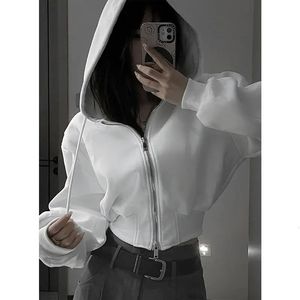 Croped Zipper Hoodies Women White Casual Y2K Vintage Preppy Style Hooded Sweatshirt Korean Streetwear Harajuku Fashion 240309