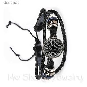 Frisado satânico baphomet pentagrama pulseira gótico preto/marrom pulseira de couro satanismo mal oculto pentagrama jóias pagão charme giftl24213