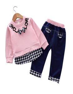 Armazenamento de roupas para meninas de menina Primavera e outono Terno de algodão de 04 anos Letra da xadrez de garotas Plaid Sweater