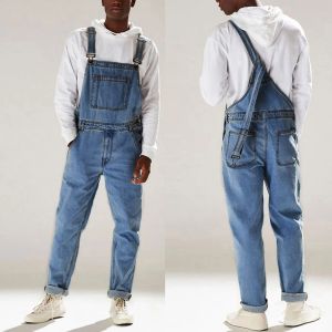 Streetwear Men's Solid Color Multi-Pocket Denim Bib overalliserar Casual Daily Denim Jumpsuit Fashion Man Suspender Long