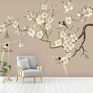 Po Self Adhesive Wallpaper Chinese Style Hand-painted Flower Bird Figure Magnolia Murals Living Room Study Decor Wall Wallpapers249S