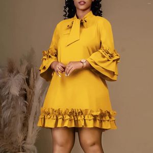 Casual Dresses Autumn Fashion Solid Loose Ruffle A-line Womens Round Neck Petal Sleeve Dress Midi Women