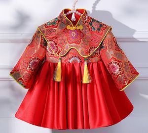 Red Chinese Style Embroidery Satin Long Sleeve Flower Girls' Dress