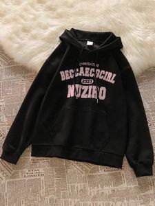 Hoodies femininos imprimir outono inverno moda streetwear manga longa rendas até moletom vintage chique pullovers de grandes dimensões topos