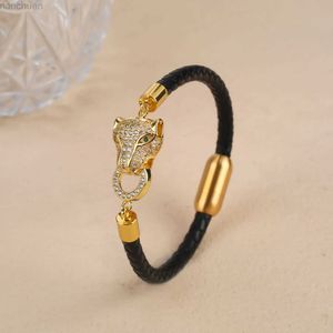 Bangle 11 Style Classic Animal Leopard Head Cubic Zircon Leather Flätat rostfritt stålarmband för Man Woman Daily Wear Jewelry Gift LDD240312