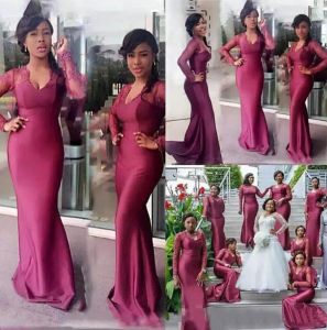 Bridesmaid Dress V neck Trumpet Mermaid Ball Gown Sweep Train Dresses Long Sleeve Evening Lace Satin Prom Party