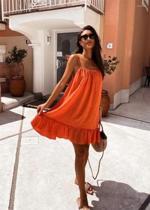 Casual Dresses Summer Solid Color Backless V Neck Pullover Dressy Female Korean Version Gown Women's Sweet Style Loose Ruffle Hem Dress