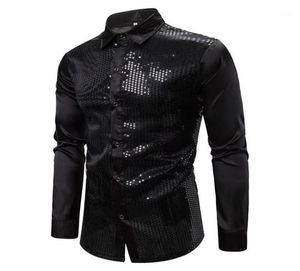 Męskie czarne długie rękawowe sukienki na guziki 2020 błyszcząca cekinowa jedwabna satynowa koszula men biznesowy męski chemise homme13328735 59YX