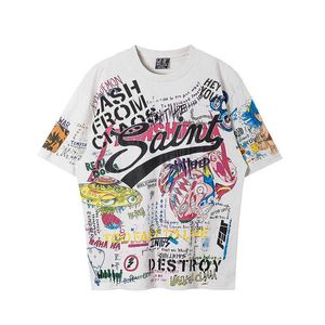 Il designer a maniche corte Trend da uomo collabora con Takashi Murakami per lavare i mezzi uomini casual americani vintage con maniche Graffiti C0Q0