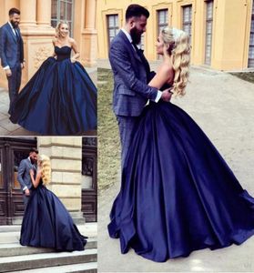 Cheap Dark Navy Blue Satin Ball Gown Arabic Quinceanera Dresses Sweetheart Lace Up Floor Length Bridal Dresses Fashion Sweet 16 Pr9845166