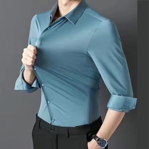 Camisa masculina outono e inverno alta elástica sem costura manga longa luxo cor sólida escorregadio não ferro negócios e lazer 240307