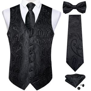 Män svart paisley väst slips bowtie pocket fyrkant manschettknappar klänning set klassisk 5 datorer affärsmäster för man 240223