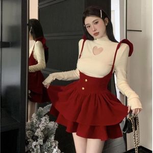 Work Dresses Spicy Girl Love T-shirt Backband Cake Skirt Two Piece Set Women Fashion Flying Sleeves Velvet Hollow High Neck Solid Slim Suit