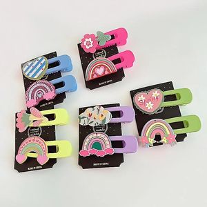 Saç Aksesuarları 2 PCS SET Karikatür Renkli Yağlı Boya Gökkuşağı Çiçek Klipler Kız Çocuklar İçin Sevimli Kawaii Peri Saç Teslim Moda Hediyesi