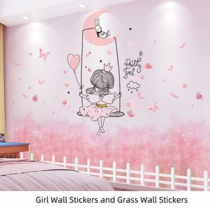 Shijuekongjian Cartoon Girl Wall Stickers Diy Chaotic Grass Plants Mural Decals for Kids Rooms Baby Bedroom House Decoration 210304i