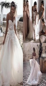 Sexy Sweetheart Tulle A Line Wedding Dresses Romantic Lace Appliques Beaded Bohemian Country Bridal Gowns Open Back Sweep Train Se7894443