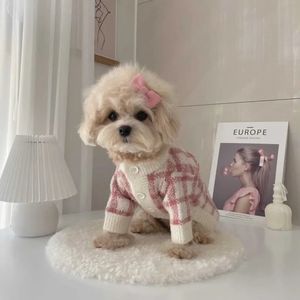 Camisola de inverno casaco rosa grade azul grade cardigan quente cão gato camisola ins estilo designer roupas para cães suéter schnauzer 240307