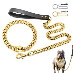 Edelstahl Metall Gold Hundezubehör Kette Halsband Leine Haustier Trainingshalsband für mittelgroße Hunde Pitbull Französische Bulldogge X07273K