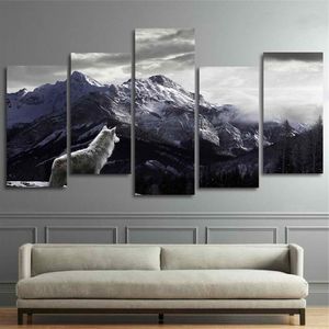 Cool HD Prints Canvas Wall Art Living Room Home Decor Pictures 5 Pieces Snow Mountain Plateau Wolf Paintings Animal Posters Framew265f