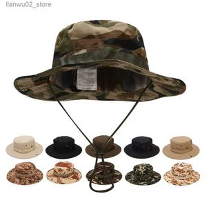 Cappelli a tesa larga Cappelli a secchiello Camo Boonie Cappello da uomo Tattiche Cappello a secchiello dell'esercito americano Cappello militare multi fotocamera Panama Cappello estivo Caccia Escursionismo Cappello da sole mimetico all'aperto Q240312