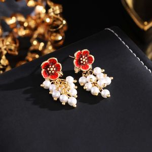 2024 New Earrings for Women Lady Handmade Enamel Red Flower Pearl Tassels Wheat Ear Earrings