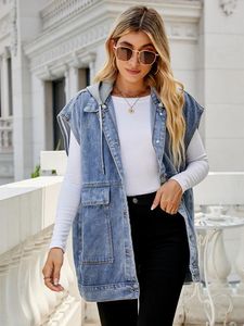 Damenwesten Mode Denim Weste für Frauen Casual ärmellose Kapuze Jeans Jacke weiblich 2024 lose lange Mantel Straße Hipster Kleidung