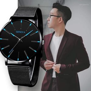 Genève Ultra Thin Mens Watches Blue Pointer Leisure Quartz Wristwatch rostfritt nät Rem Remplockor Gift Relogio Masculino1210f