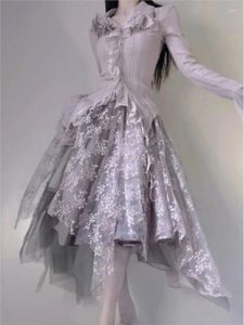 Sukienki robocze vintage dwa elementy Zestawy kobiety Ruche fioletowe słodkie eleganckie spódnice garnitury żeńskie retro kwiatowa bluzka koreańskie marszki midi