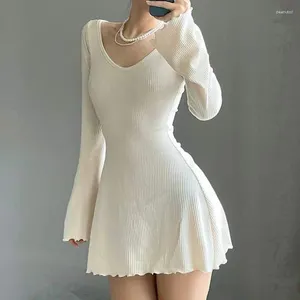 Casual Dresses Women Knit Rib Mini Dress Elegant Office Party Long Sleeve V Neck Irregular Hem A-Line Fall Spring