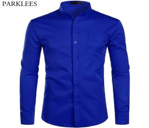 Men039s Royal Blue Dress Shirts Brand Banded Mandarin Collar Shirt Male Long Casual Button Down Shird Pocket 2XL 211457362