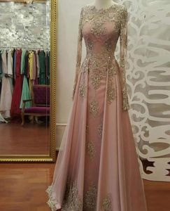 Blush Rose Gold Long Rleeve Sukienki dla kobiet noszą koronkowe aplikacje Kryształ Abiye Dubai Caftan Muzułmański przyjęcie weselne Suknie 55285888
