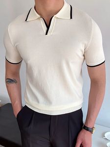 여름 남자 패션 폴로 셔츠 짧은 슬리브 턴 다운 칼라 패치 워크 캐주얼 폴로 남성 의류 남성 상판 풀버 스트리트웨어 240226