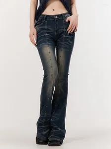 Женские джинсы, эластичные обтягивающие расклешенные брюки с высокой талией и заклепками для девочек, женские прямые широкие джинсовые брюки