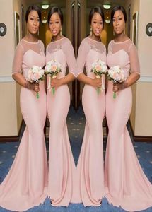 2022 Blush Pink Sheer Jewel Neck Bridesmaid Dresses 12 Sleeve Mermaid golvlängd Black Girls Maid of Honor Gown Wedding Guest Dr9662986