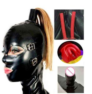 Outras calcinhas sexy erótico clube lingerie artesanal preto látex capuzes máscara com olhos boca dentes gag plug tampa nariz tubo rabo de cavalo tr6234739