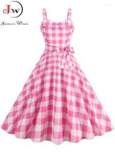 Vestidos casuais espaguete cinta rosa xadrez vestido mulheres verão elegante vintage 50s rockabilly swing festa 2024