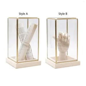 Smycken påsar bänkskiva display fall prydnad transparent 11.5x11.5x20 cm mässing ram utställning trä bas för samlarobjekt leksak mångsidig