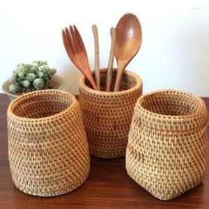 Garrafas de armazenamento pauzinhos rattan tubo pá colheres balde jantar facas garfos caixa utensílios casa ferramentas convenientes