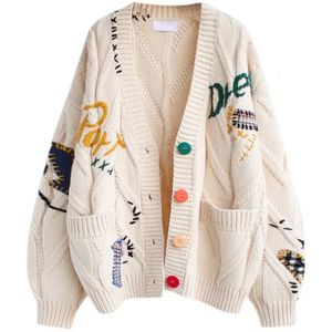 Spring Womens Sweater Warm Knitted Sweater Jacket Loose Pocket Embroidery Fashion Knit Cardigan Jacket Ladies Jacket 240227