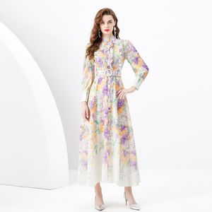 Fancy Front Retro Painted Maxi Shirt Dress Women Stand Collar Buttons Cardigan Swing Dresses Long Sleeve Ladies Elegant Printed Office Casual Party Robes Clothes