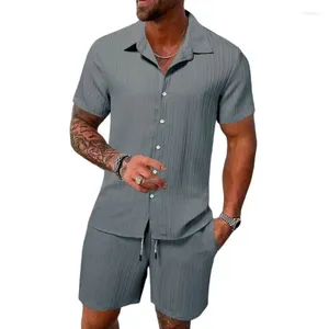 Fatos masculinos 2024 camisa terno algodão e linho cor sólida listrado de manga curta casual praia shorts verão street wear