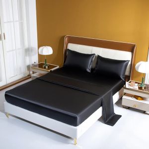 Ställ in lyxemulering Silk Satin Mittat ark Ställ in fast färg svart elastisk band säng madrass täcke lakan set med örngott