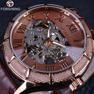 Forsining Skeleton Steampunk Orologio da polso Marrone Genuino Cinturino in pelle da uomo Meccanico a carica automatica Orologio Top Brand di lusso Automatic311i