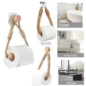 Toilet Paper Holders Toilet Wall Mount Beech Wood Roll Paper Holder Hanging Natural Rope Bathroom Vintage Decor Wall-Mounted Towel Rack 240313